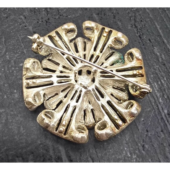 Vintage Rhinestone Circle Brooch Gold and Silver Tone Floral Design JJ3807 - Picture 4 of 7